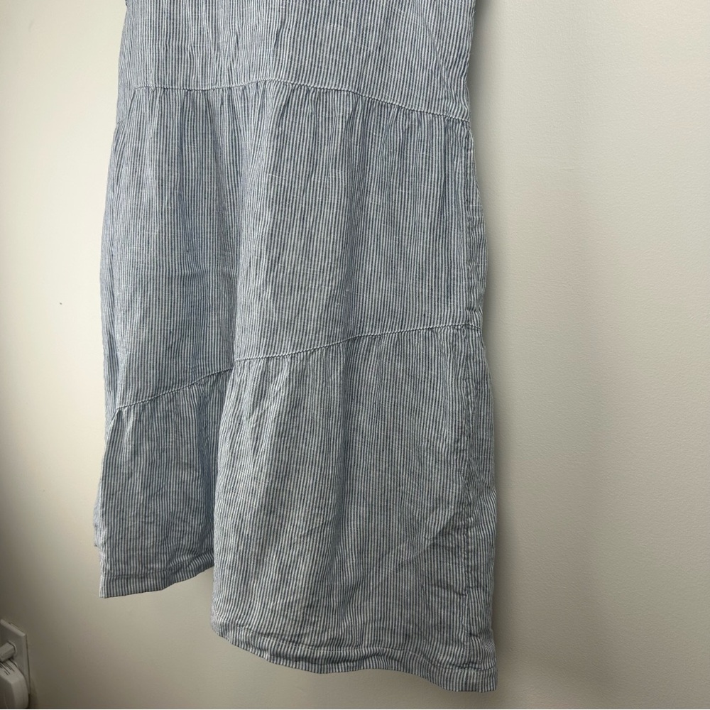 Lucky Brand Blue Striped V Neck Asymmetrical Tiered Linen Dress sz XL Coastal - Picture 7 of 14